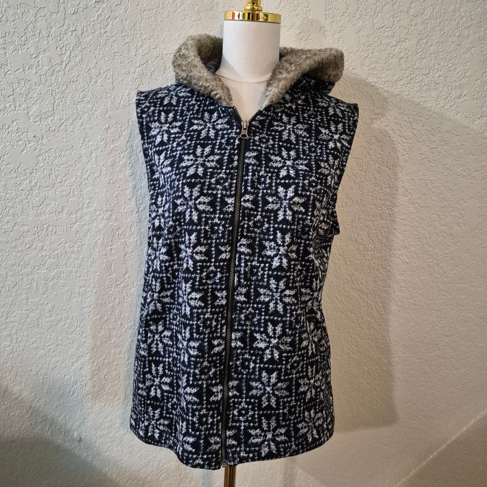 Talbots Fair Isle Snowflake Hooded Vest XL Navy White Faux Fur Fleece Winter